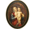 Escena religiosa de Virgen María con niño Jesús realizado sobre tabla ovalada