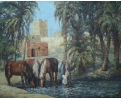 Cuadro representando escena orientalista con caballos, mujeres y niño.