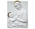 Relieve religioso de virgen con niño. acabado en blanco mármol y dorado