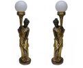 Pair of gilt bronze women torcherers standing lamps 
