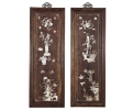Pair of oriental decorative vertical wooden panels with mother of pearl inlay still life and nature scenes