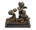 Bronze angel and two cherub putti figure statue with marble base