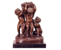 Classical bronze three children putti carrying basket full of grapes figure statue with marble base
