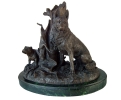 Bronze two hunting dogs with prey figure statue with marble base