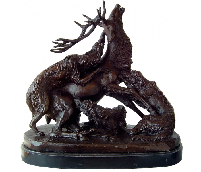 Bronze hunting dogs and deer grapple...