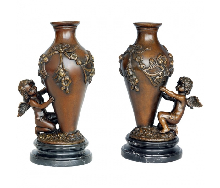 Pair of bronze vases with angel putti...