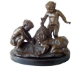 Bronze three children putti playing figure statue with marble base