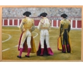 Cuadro de tres toreros pintado sobre lienzo con marco