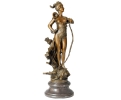 Classical Diana huntress nude bronze figure statue with marble pedestal base