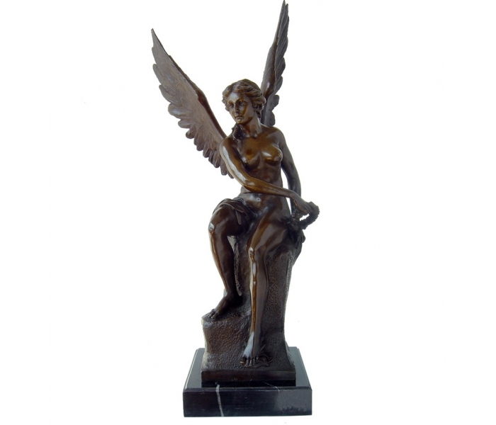 Bronze sitting winged woman angel...