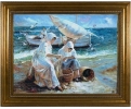 Seaside beach marina people oil on canvas framed painting