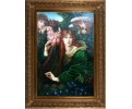 Woman playing harp with two angels oil on wood craquelure framed painting 