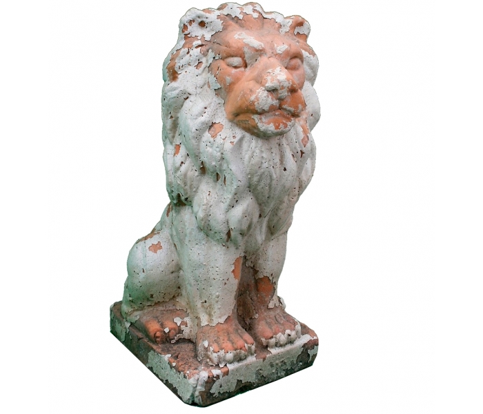 Aged terracotta sitting lion garden...