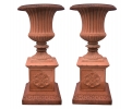 Pair of cast iron garden urns with pedestals