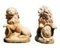Pair of faux marble reconstituted stone lions with shields garden statues