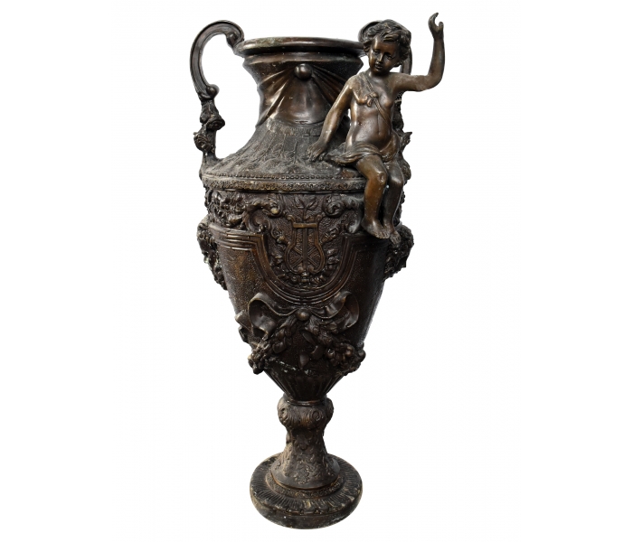 Large bronze vase with putto cherub...