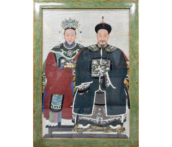 Gran cuadro de pareja de emperadores chino con marco verde