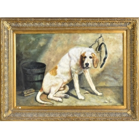 Tied dog portrait oil on...