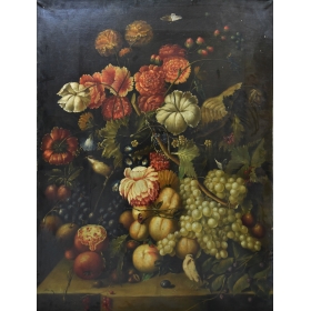 Cuadro de bodegón de frutas y flores