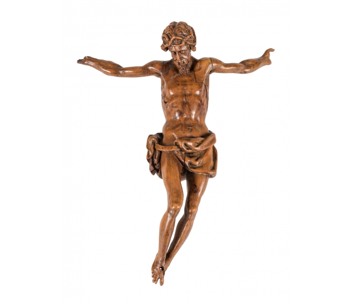 Cristo de tres clavos de madera de nogal tallado, S XVIII.