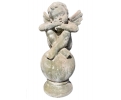 Aged terracotta angel cherub on a ball classical garden sculpture