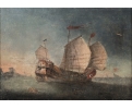 19th century Chinese 3-sail junk ship oil on re-lined restored canvas