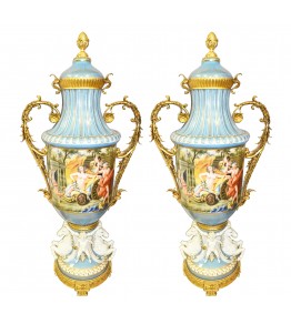 Very large 1.8 m tall pair of French style porcelain urns with lids