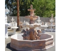 Very large 3 m tall Rosetta pink marble 3-tier fountain with 6 horses on base, lion head mascaron spouts, and a 3.3 m wide pool