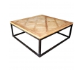 Coffee table with old floor wooden top and iron base