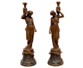 Life-size pair of tall women holding vases torchiere floor lamps with pedestal bases