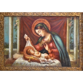 Cuadro religioso con Virgen y niño Jesús con marco dorado