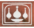Stone panel with carrara white marble inlay still-life scene with bottles, vase and plate
