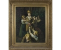 Five children portrait oil on wood craquelure framed painting 