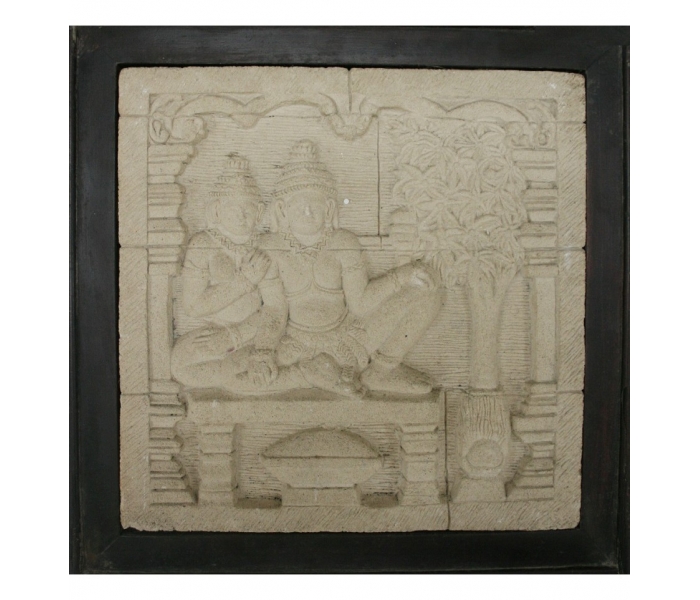 Oriental sandstone bas-relief framed 