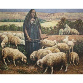 Woman with sheep scene oil...