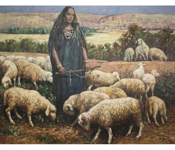 Woman with sheep scene oil on canvas...