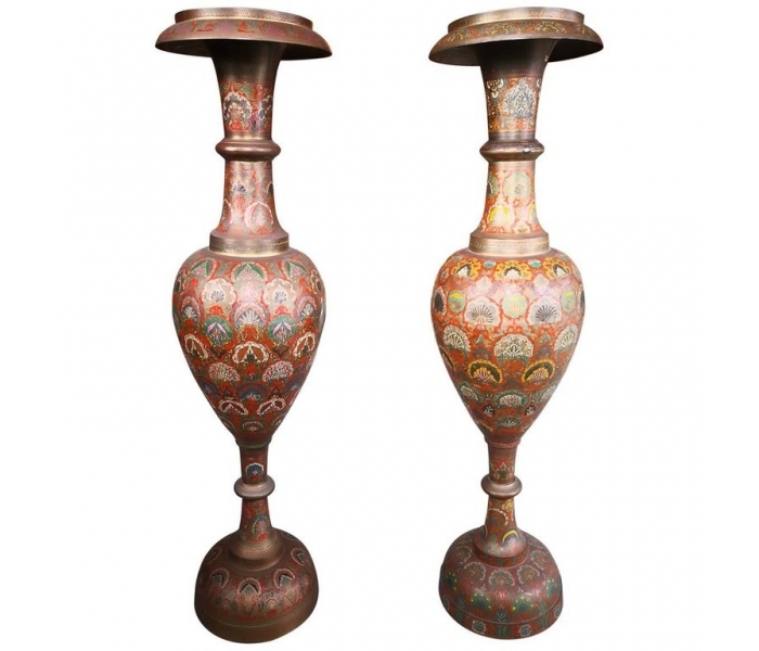 1940s pair of enameled bronze vases