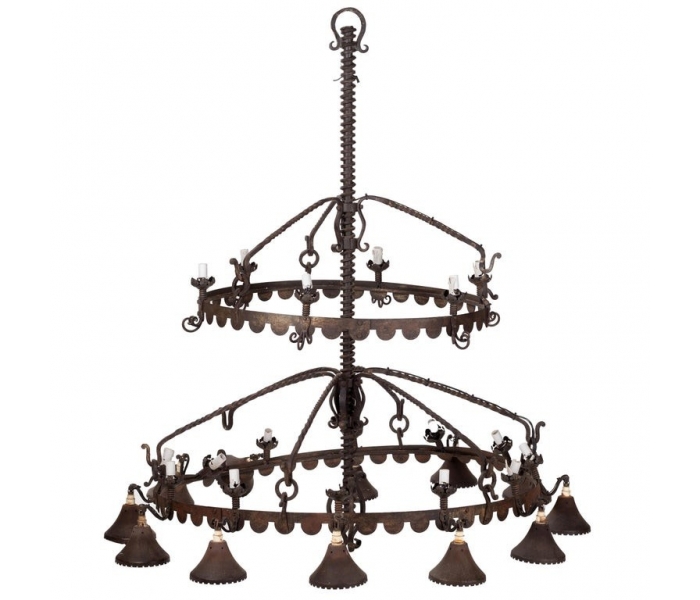 1970s French two-tiered iron chandelier