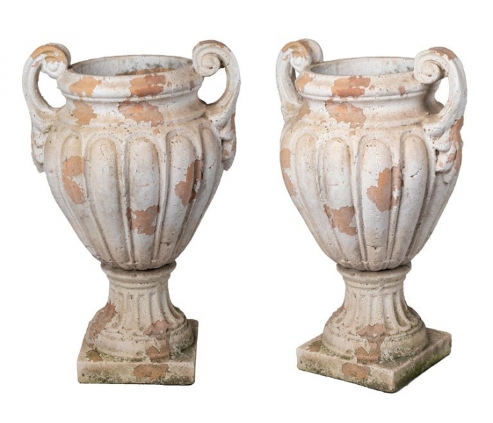 Pair of aged terracotta garden urns