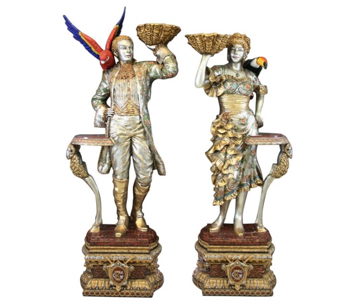 Pair of tall bronze life-size painted...