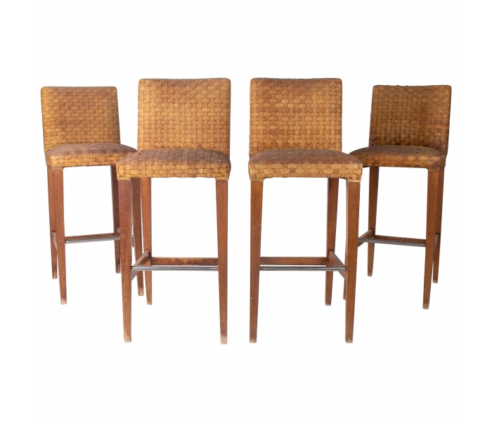 Set of four 1990s wood and leather...