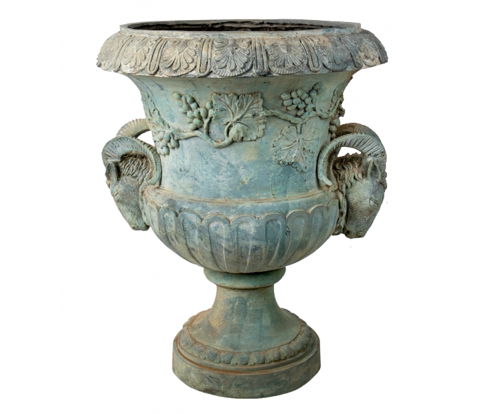 Bronze garden urn with goat heads