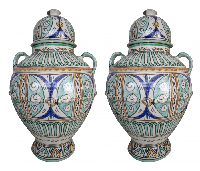 Pair of painted glazed ceramic urns...