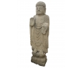 Larger-than-liefe grey sandstone standing Buddha with lotus leaf plinth