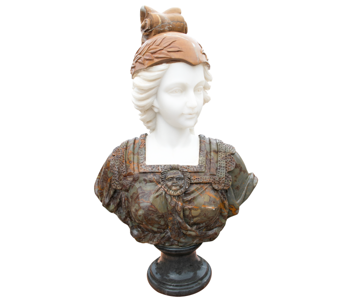 Busto de mujer en mármol con casco