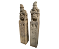 Pair of grey sandstone Chinese columns with musicians and foo guardian dogs sculptures atop