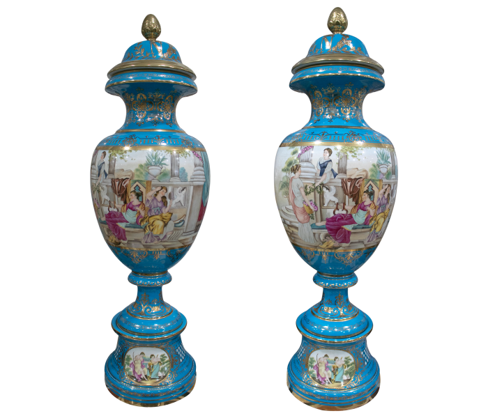 Pair of French style porcelain urns...