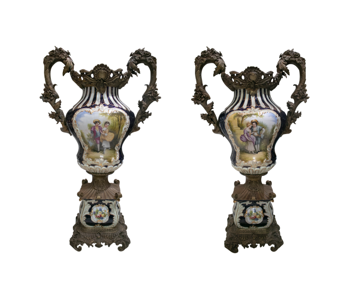 Pair of French style porcelain urns...