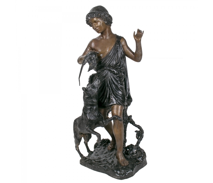 Bronze classic boy and his dog statue