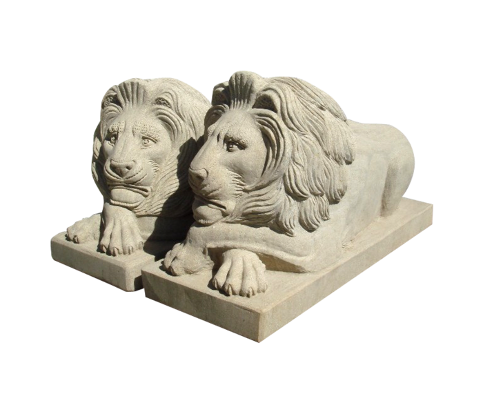 Pair sandstone lying lion sculpture